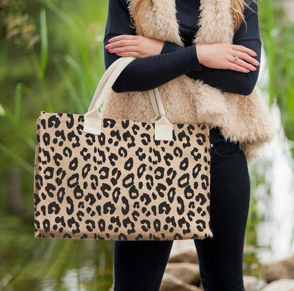 Leopard Print Burlap Tote Bag