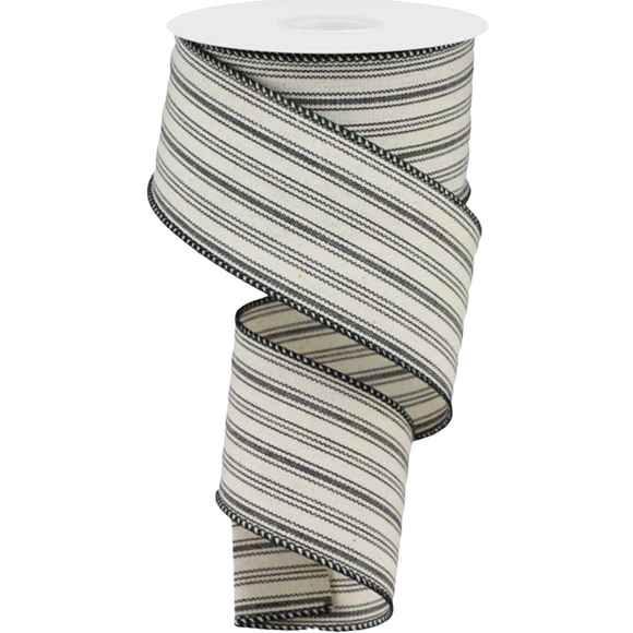 2.5” x 10 Yards, Beige Black Ticking Stripe Ribbon, Wire Edge