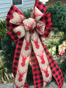 Red/Black Buffalo Plaid & Deer Bow