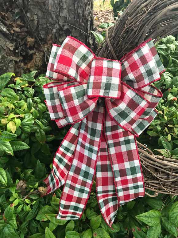 Cranberry Red, Emerald & Ivory Plaid Christmas Bow for Wreaths, Lanterns, Swags