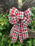 Cranberry Red, Emerald & Ivory Plaid Christmas Bow for Wreaths, Lanterns, Swags