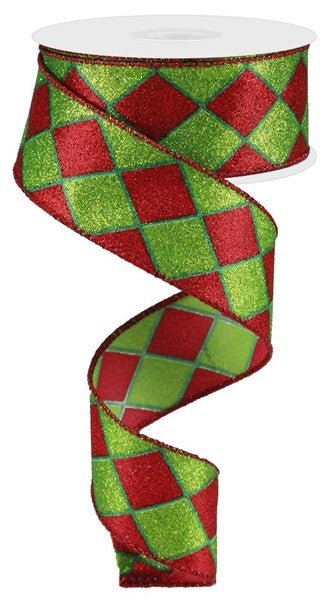 Red/Lime Green/Emerald Glitter Harlequin Ribbon, 1.5