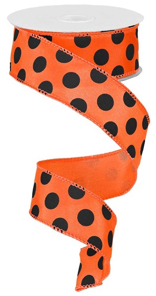 Orange Black Polka Dot Wire Edge Ribbon Spool 1.5” x 10 Yards RG1586YF