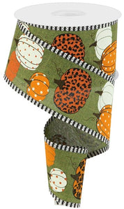 2.5"X10yd Leopard Pumpkins/Thin Stripe:  Green, Cream, Orange and Brown