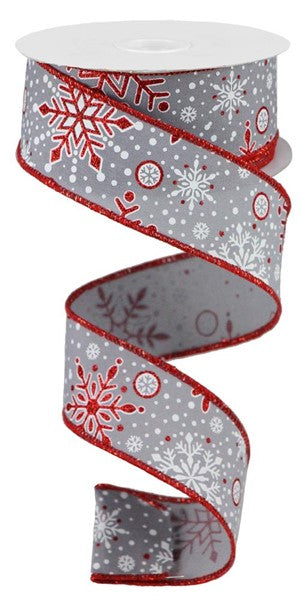 Snowflakes on Grey Wire Edge Ribbon 1.5