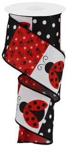 Ladybug Block Pattern Wire Edge Ribbon 2.5" wide x 10 Yard Spool Red White Black