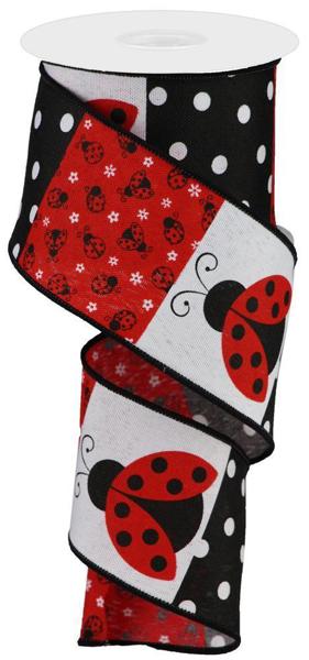 Ladybug Block Pattern Wire Edge Ribbon 2.5